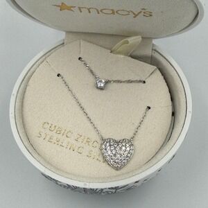 Sterling Silver CZ Heart Necklace Set Cubic Zirconia‎ Pendant Macy’s NWT